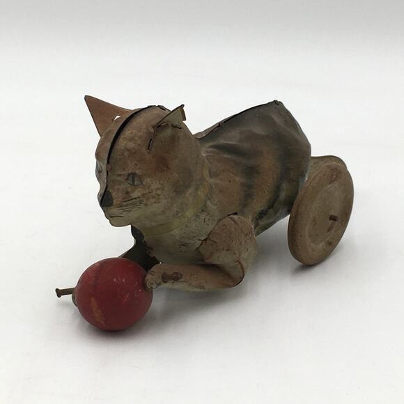Antique Tin Wind-Up Cat Toy with Wood Ball Pull Toy Hand Painted - Picture 2 of 10